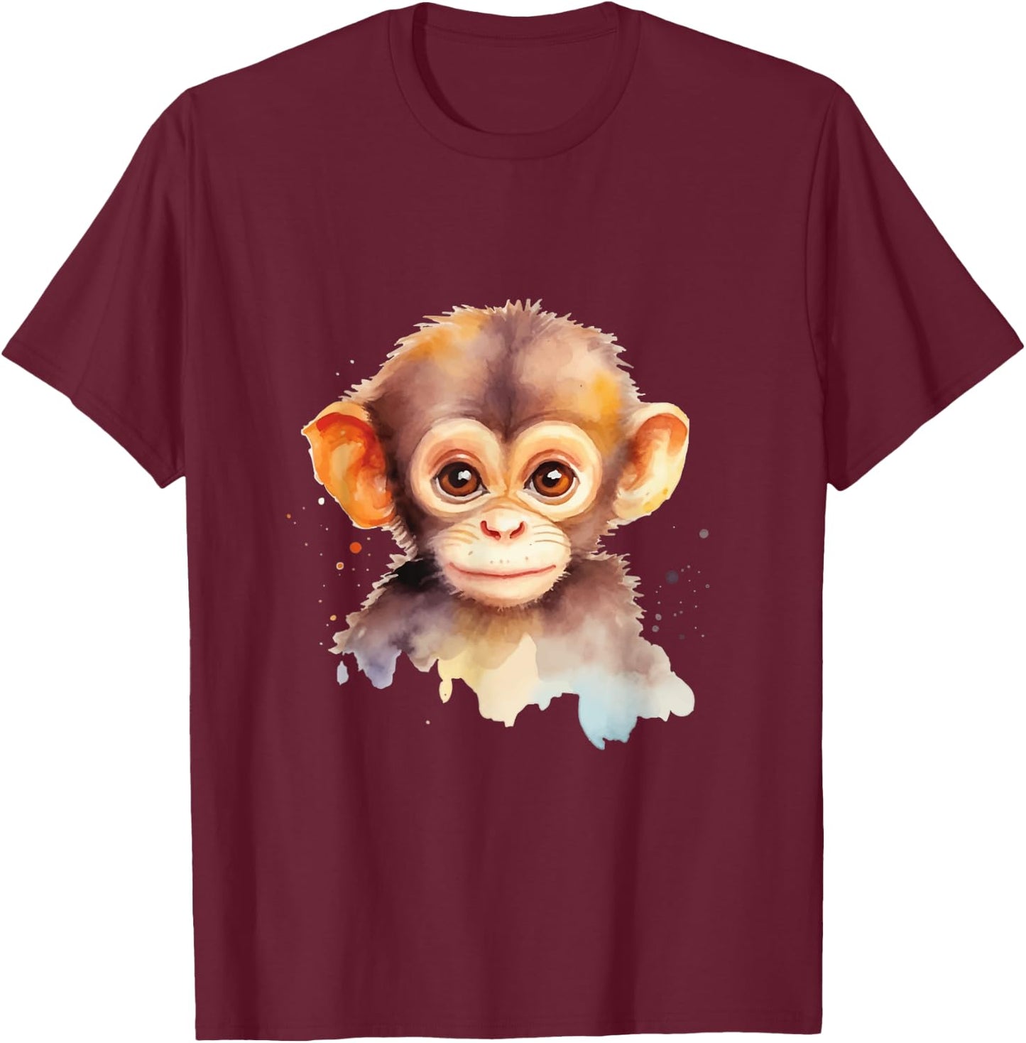 Baby Monkey Watercolor Portrait Chimp Ape Graphic T-Shirt - T-Shirt | Maroon