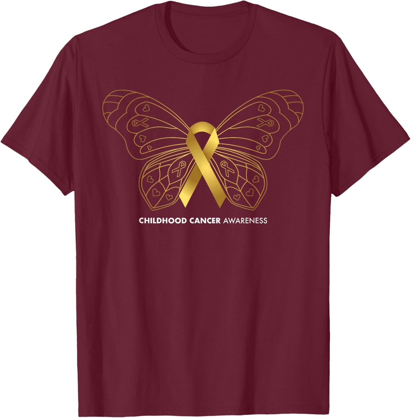 Childhood Cancer Awareness Shirts, Butterfly & Gold Ribbon T-Shirt - T-Shirt | Maroon