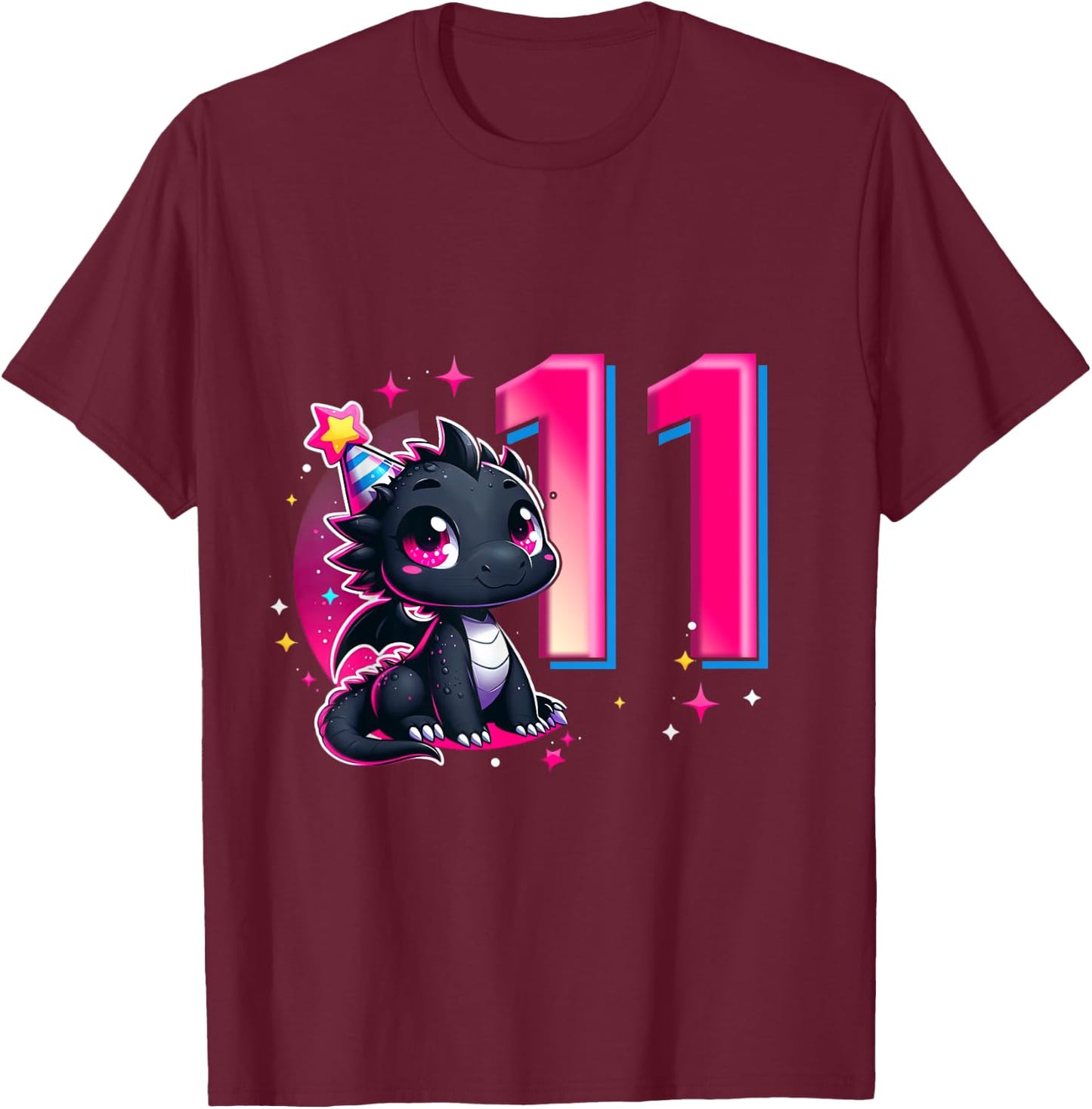 11th Birthday Shirt Dragon Party Birthday Girl Pink 11 Ten T-Shirt - T-Shirt | Maroon