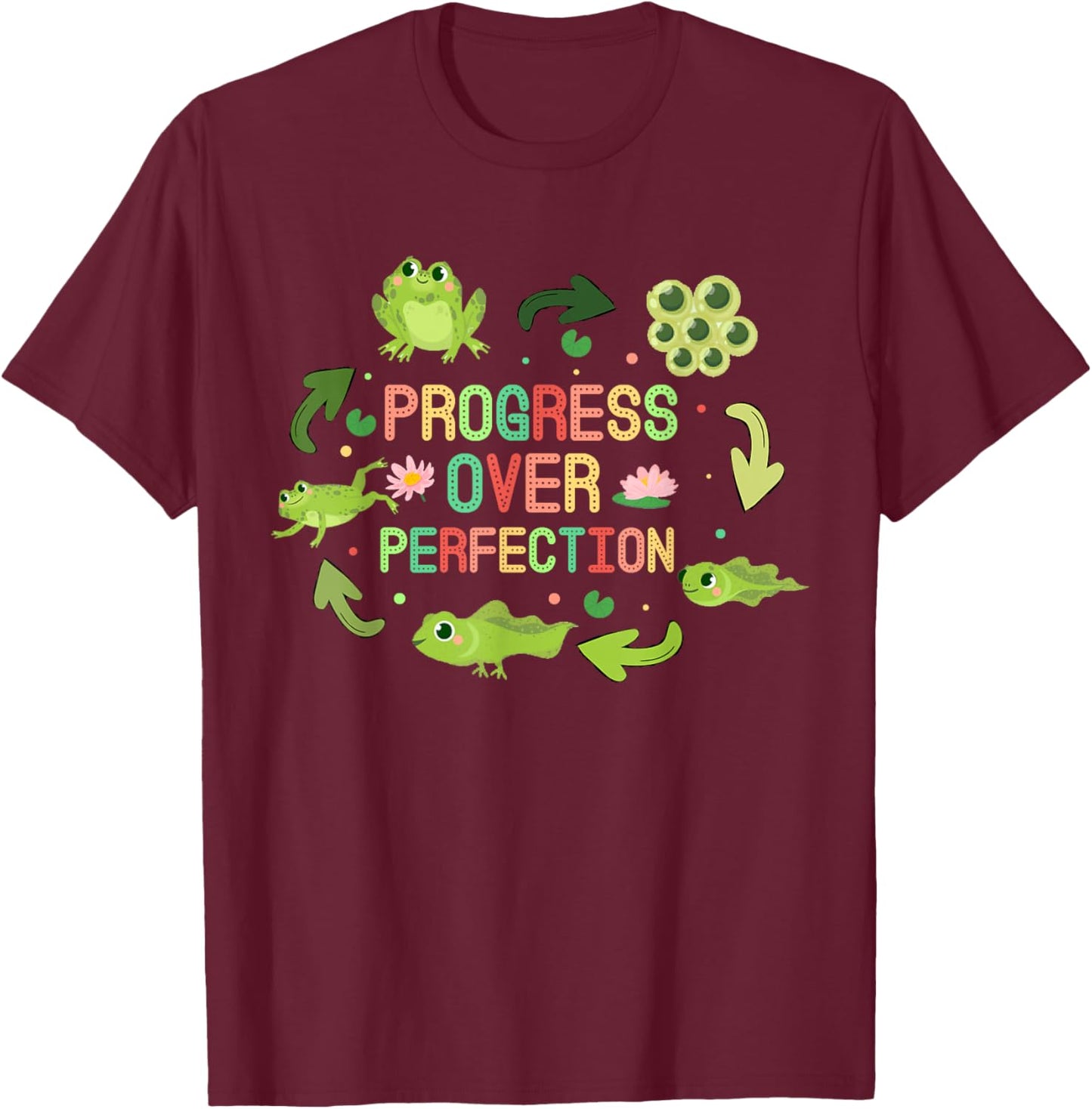 Progress Over Perfection Frog back to School Teacher T-Shirt - T-Shirt | Maroon