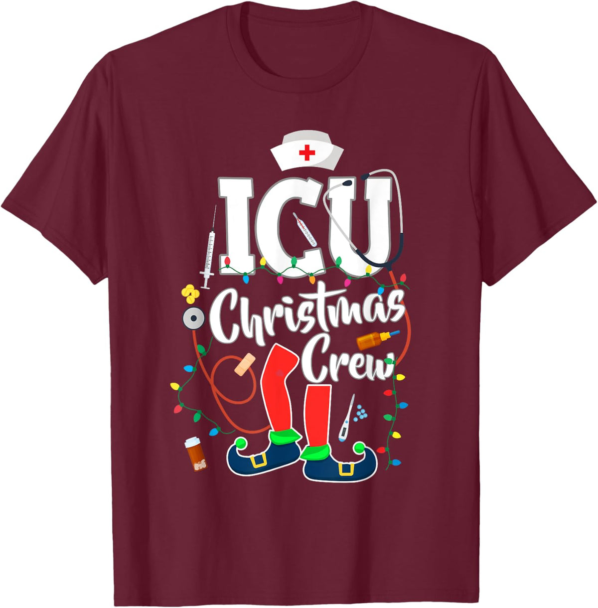 ICU Christmas Crew ICU Nurse T-Shirt - T-Shirt | Maroon