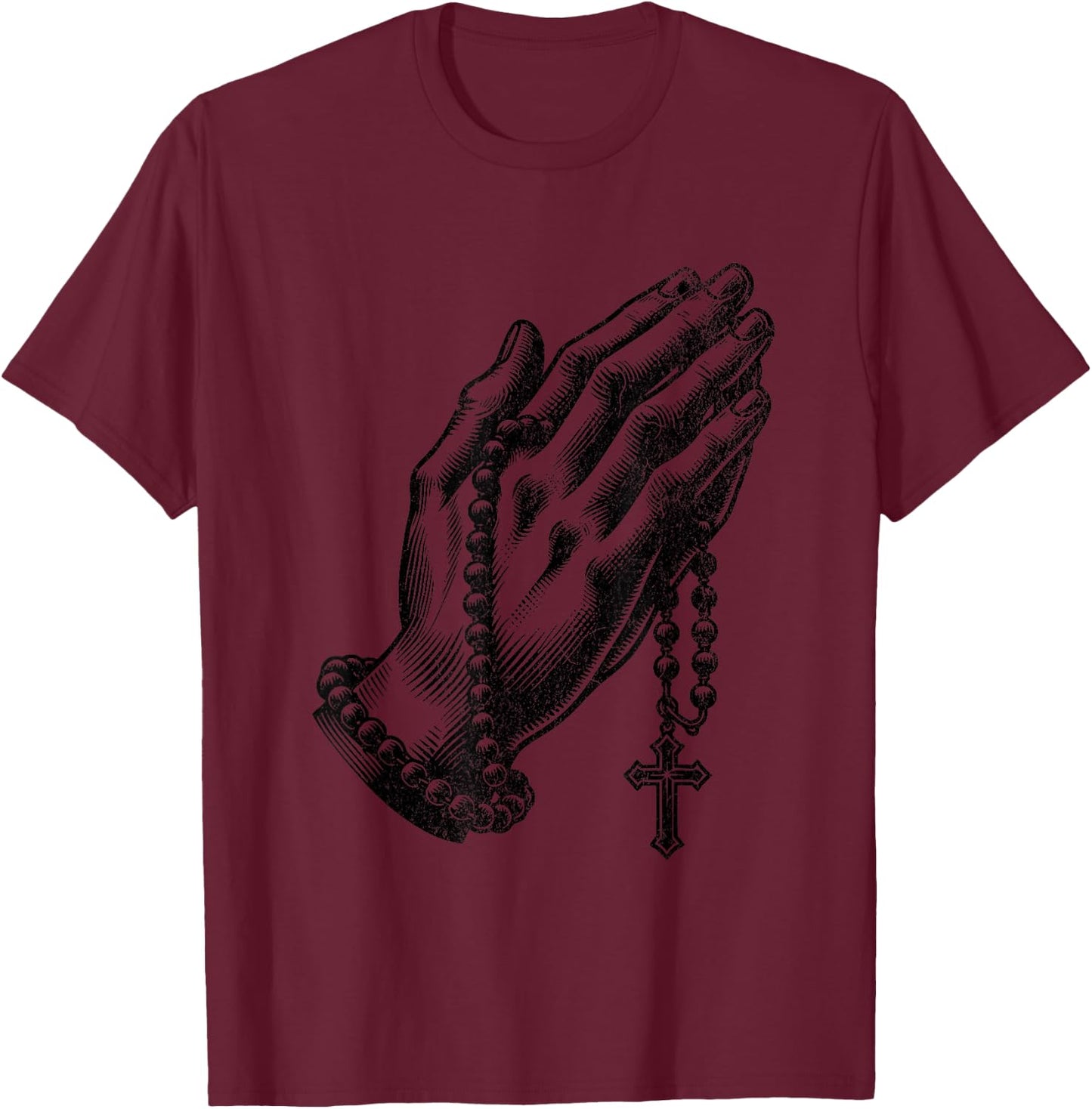 Catholic Rosary Beads Praying Hands Christian Religion , Small, Grey T-Shirt - T-Shirt | Maroon