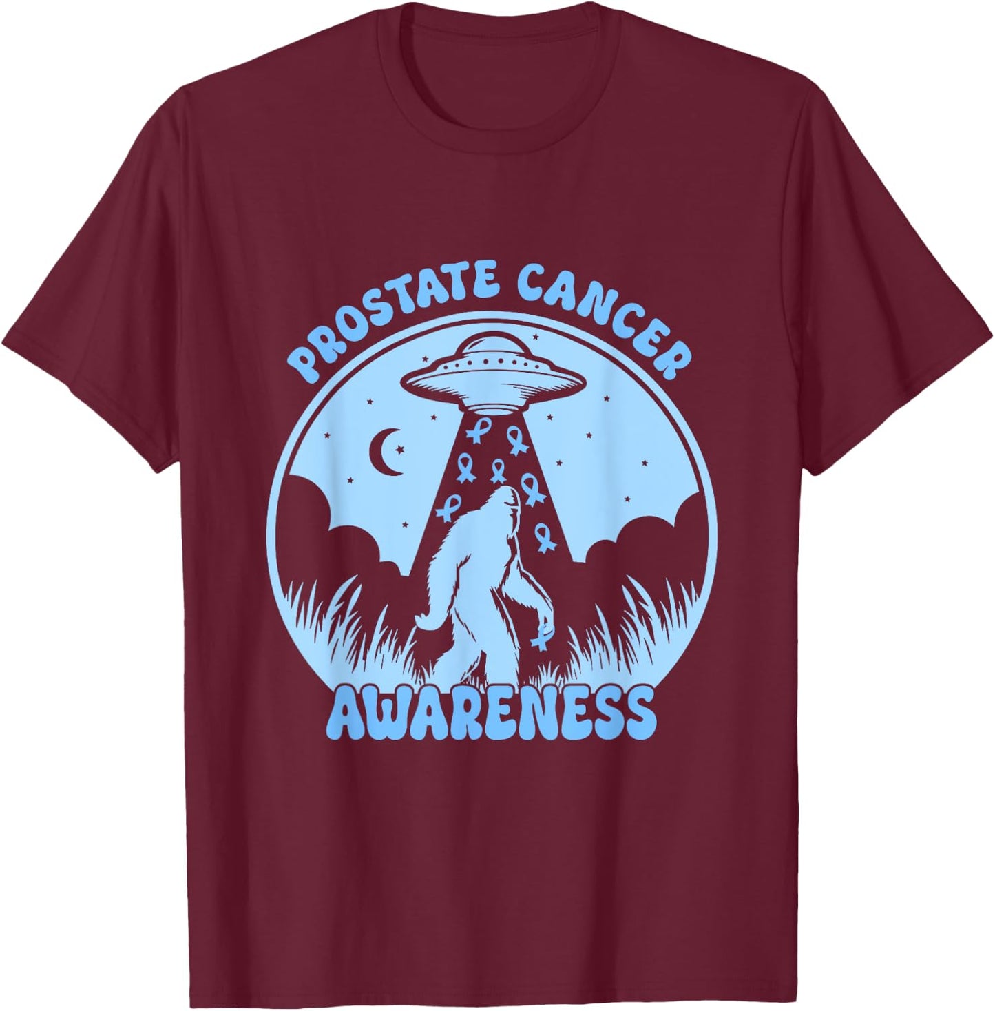 Prostate Cancer Awareness Funny Bigfoot UFO Blue Ribbon T-Shirt - T-Shirt | Maroon