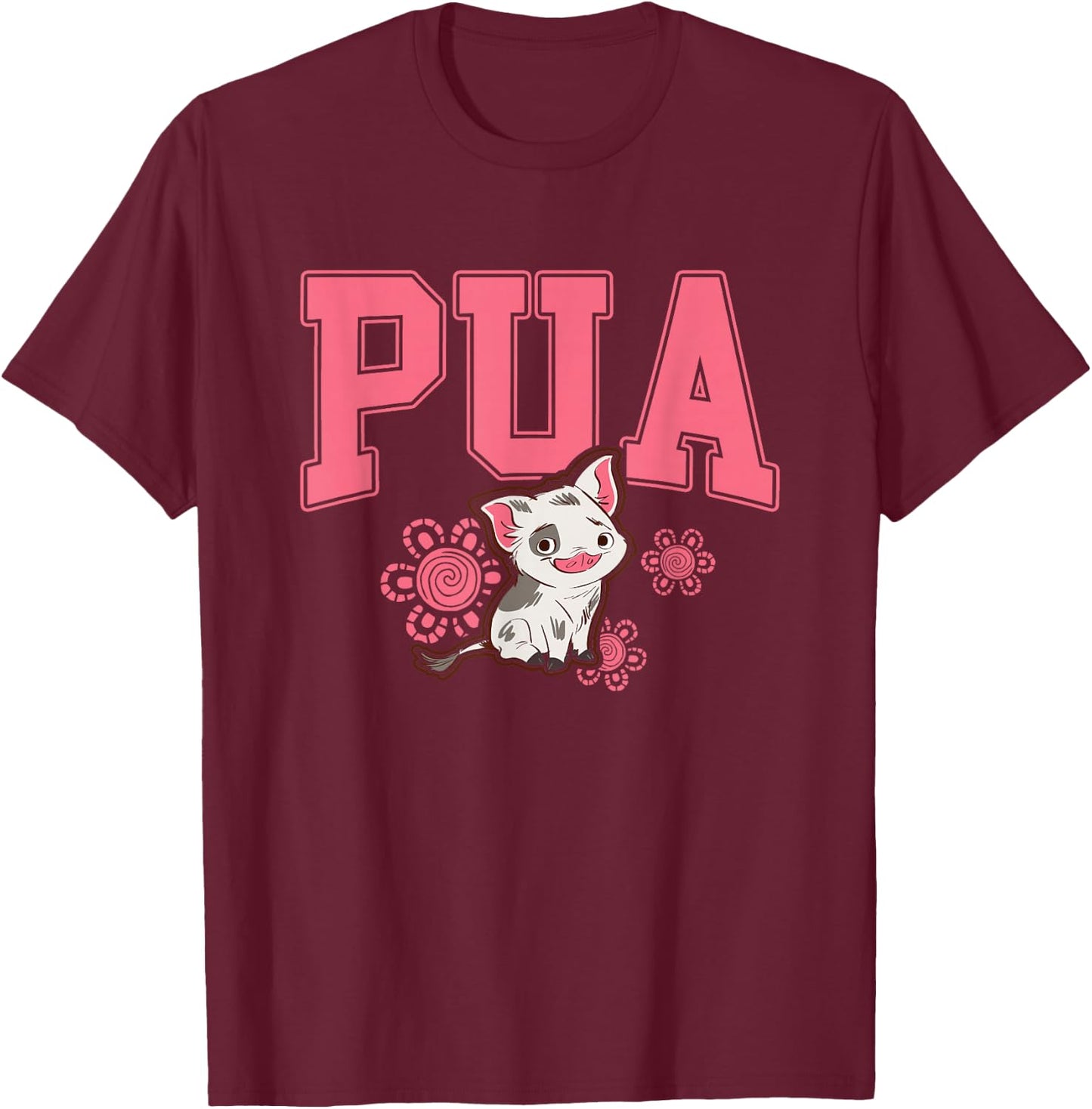 Disney Moana Cute Pua Big Chest Collegiate Text Logo T-Shirt - T-Shirt | Maroon