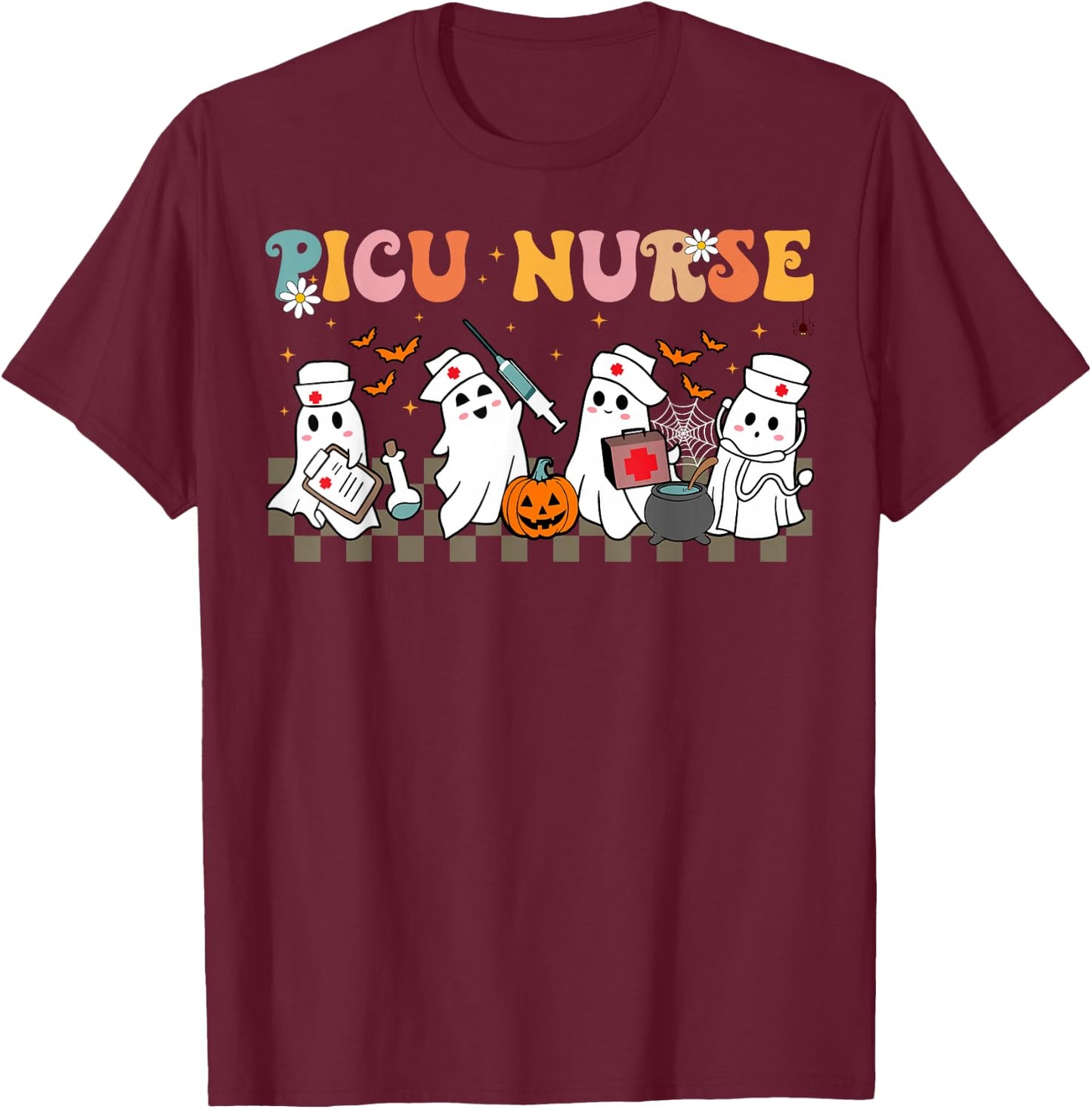 PICU Nurse Spooky Ghost Halloween Cute Nursing Costume T-Shirt - T-Shirt | Maroon