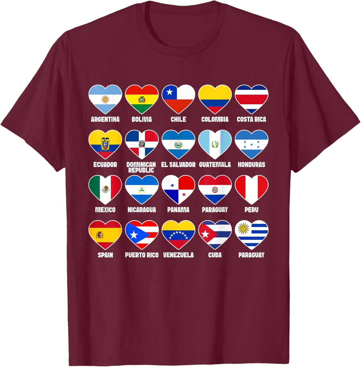Hispanic Countries Flags Hearts Hispanic Heritage Month T-Shirt - T-Shirt | Maroon