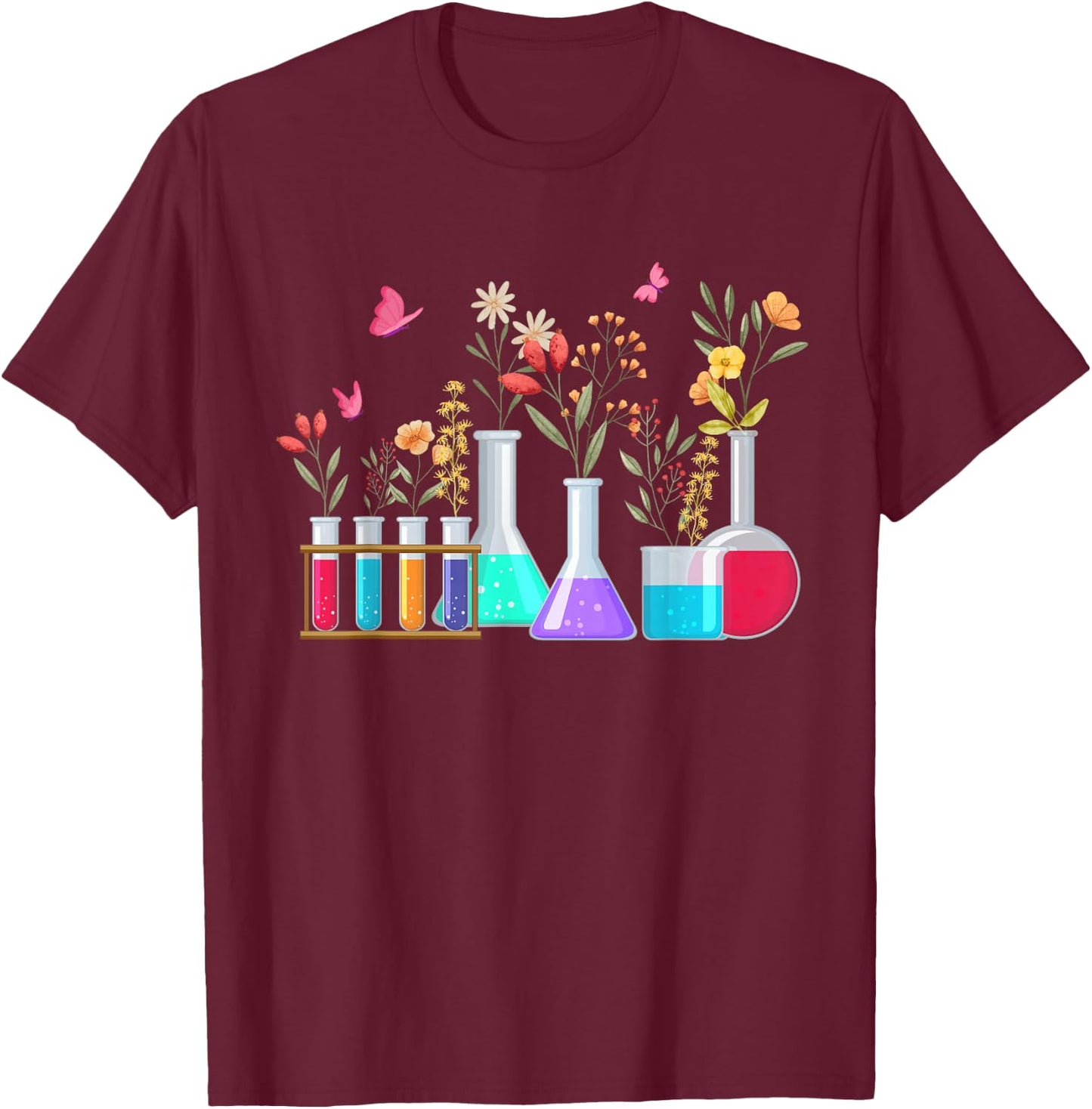 Floral Beakers Laboratory Butterfly Chemistry Science T-Shirt - T-Shirt | Maroon