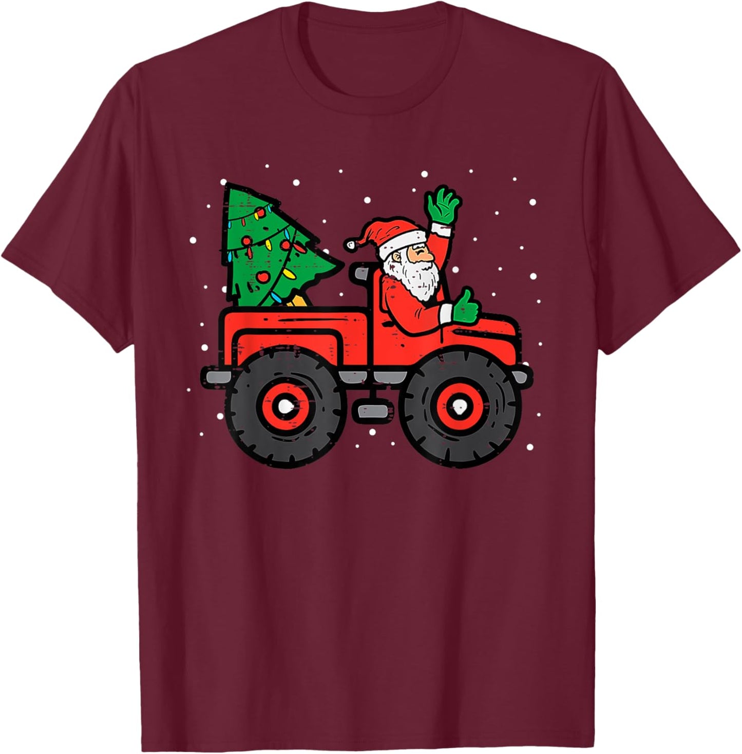 Santa Riding Monster Truck Christmas Tree Lights Kid Toddler T-Shirt - T-Shirt | Maroon