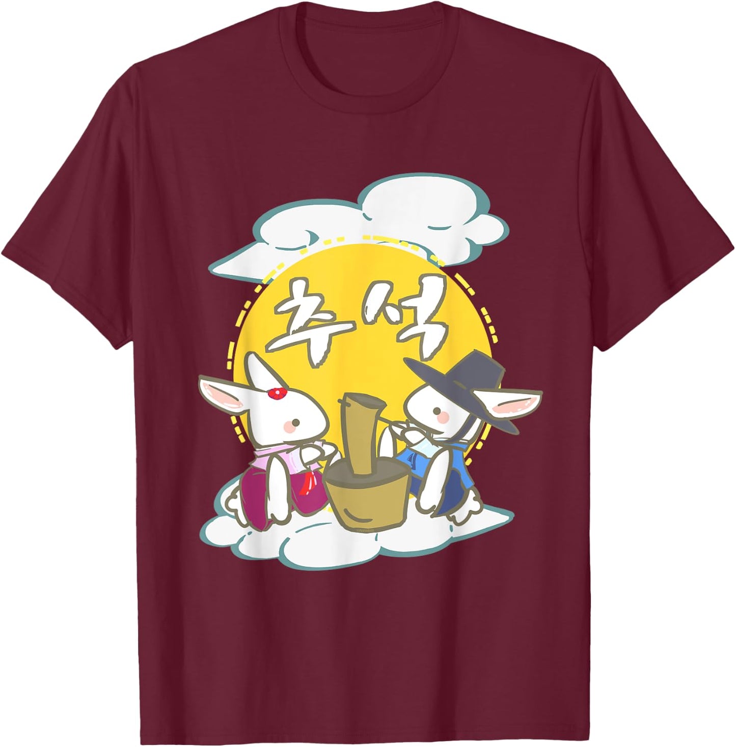 Kawaii Rabbits Pounds - Korean Chuseok Anime Gift T-Shirt - T-Shirt | Maroon