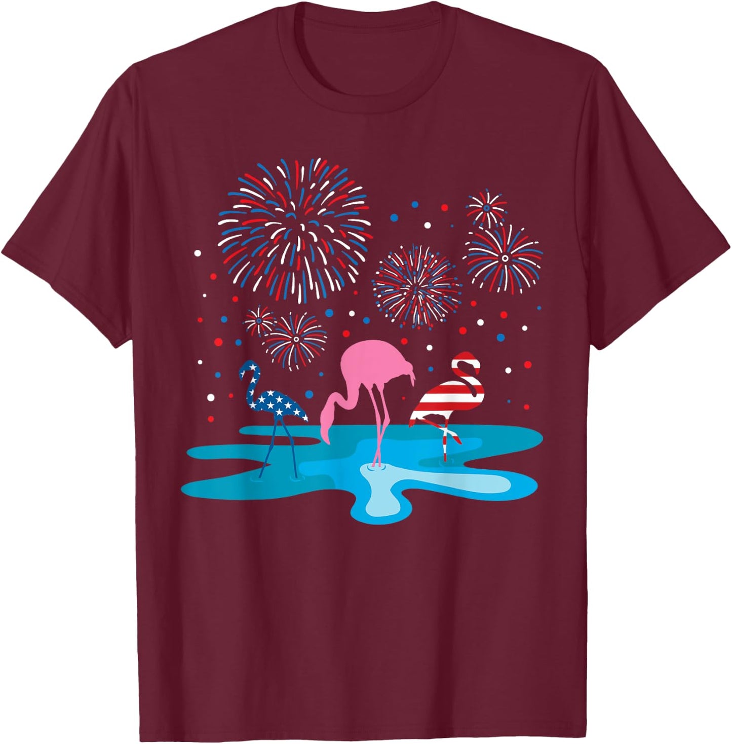 Flamingo 4th of July Fireworks Patriotic American USA Flag T-Shirt - T-Shirt | Maroon