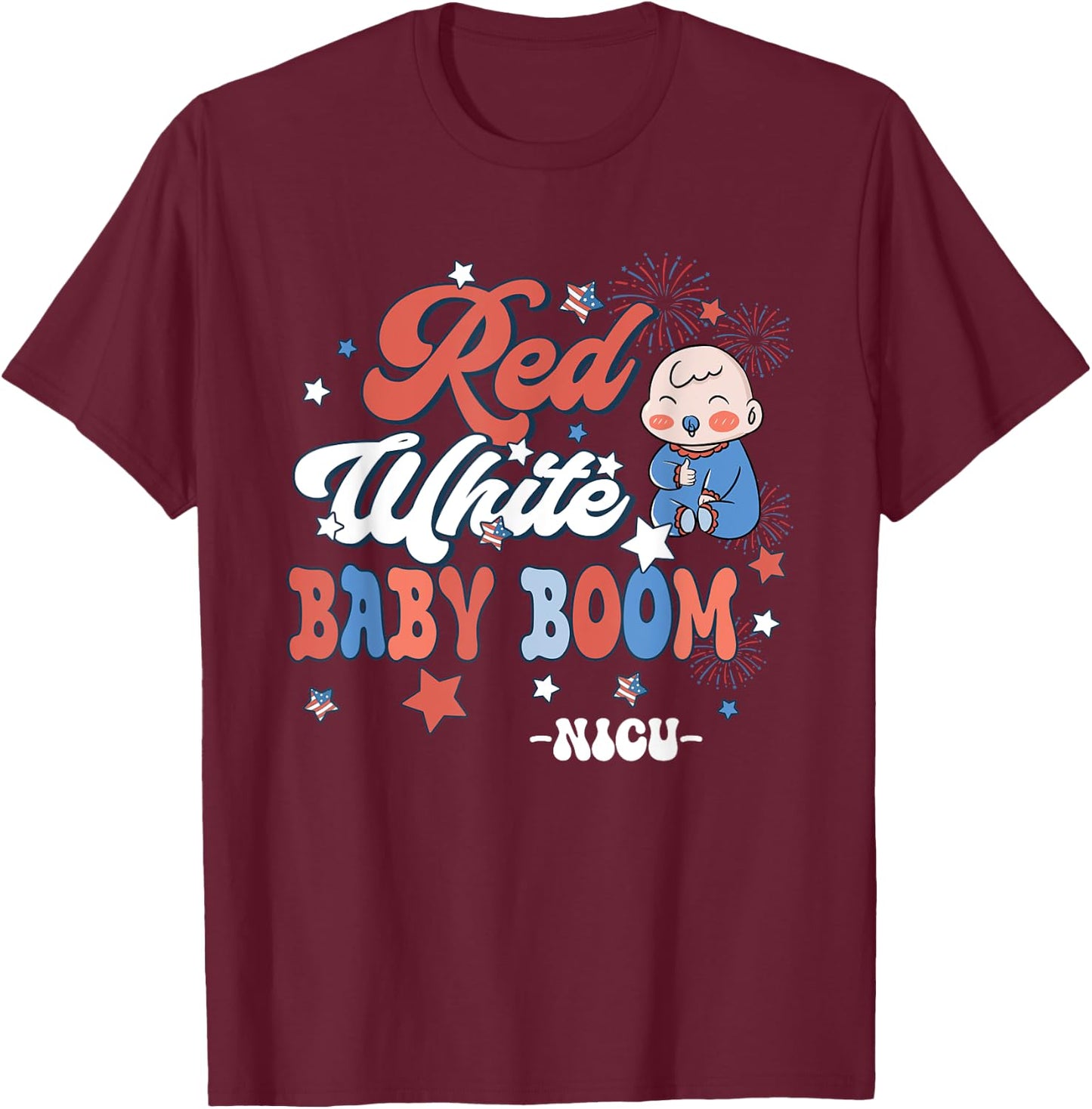 Retro Groovy Red White & Baby Boom NICU Nurse 4th Of July T-Shirt - T-Shirt | Maroon