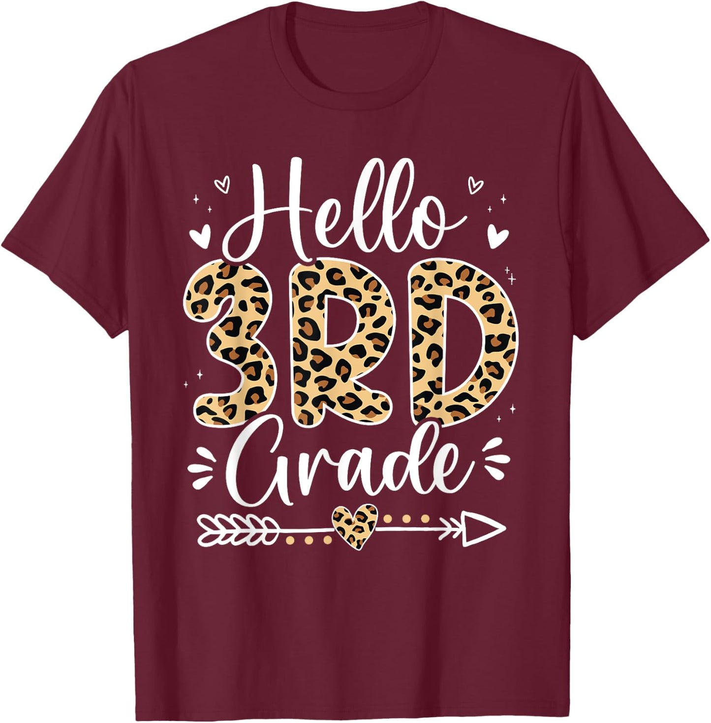 Hello 3rd Grade Leopard Teacher Student Back To School Girls T-Shirt - T-Shirt | Maroon