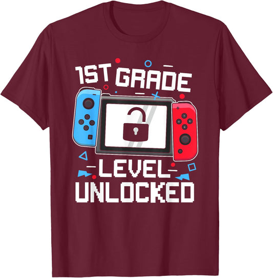 1st Grade Level Unlocked Video Game Back to School Boys T-Shirt - T-Shirt | Maroon