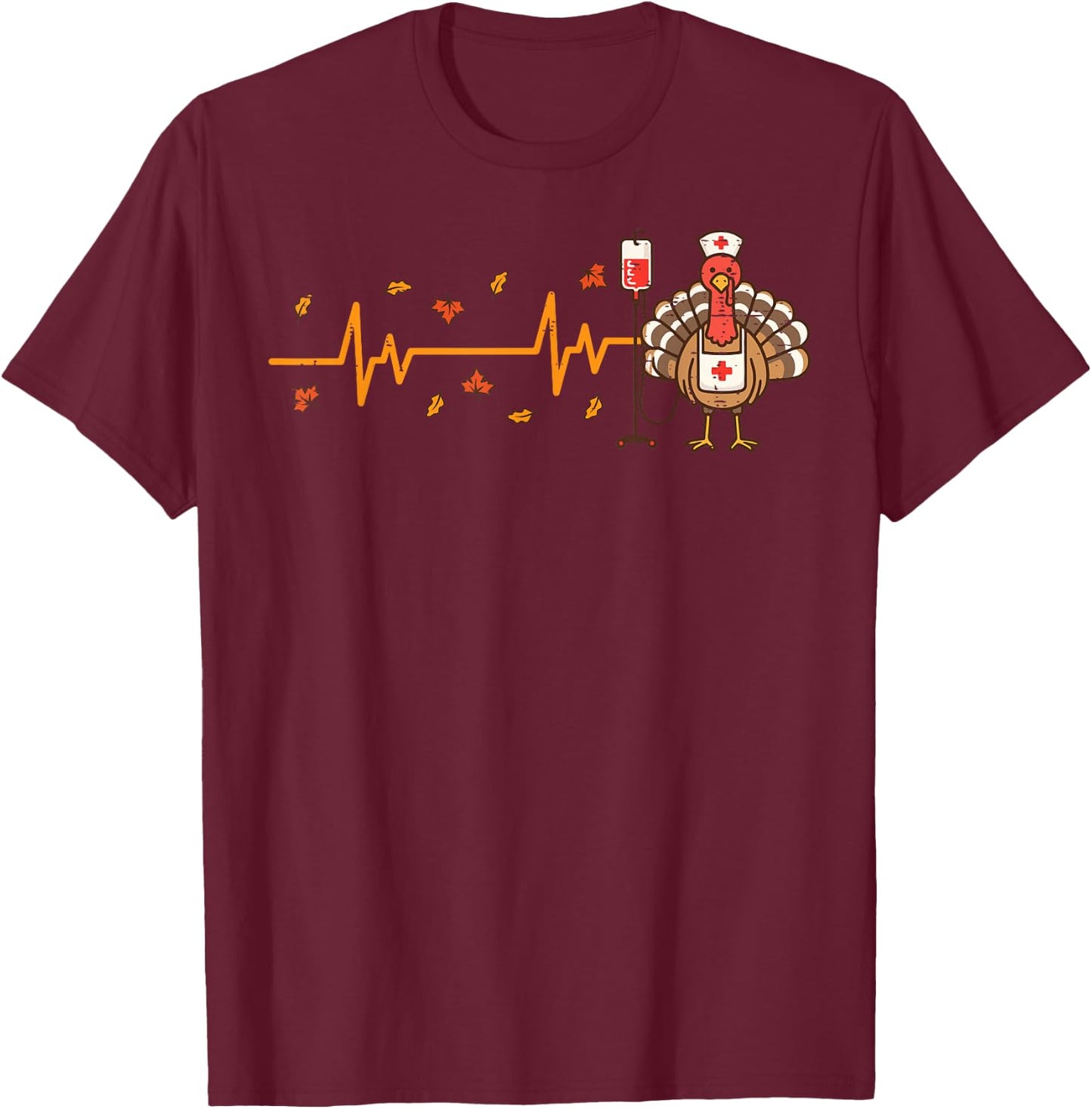 Thanksgiving Nurse Heartbeat Turkey Fall Scrub Top Women Men T-Shirt - T-Shirt | Maroon