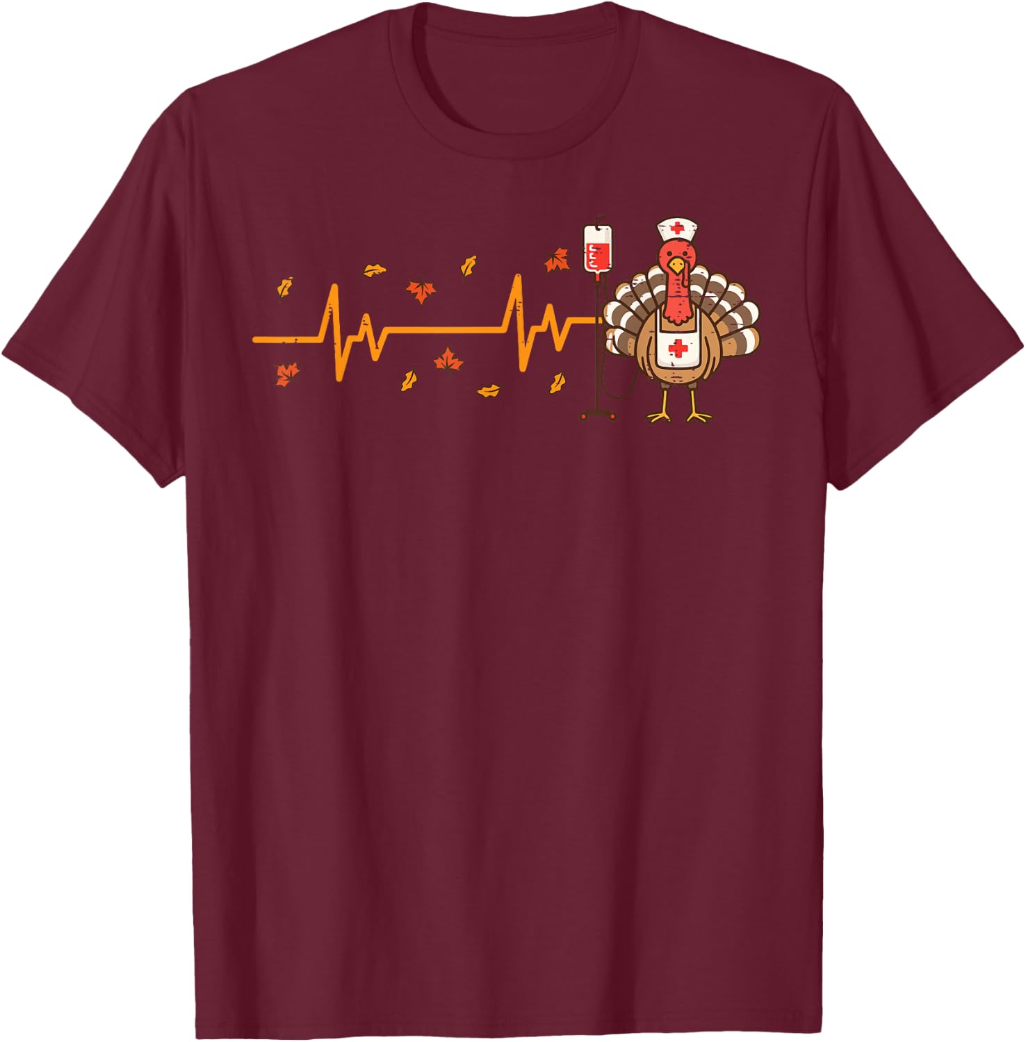 Thanksgiving Nurse Heartbeat Turkey Fall Scrub Top Women Men T-Shirt - T-Shirt | Maroon