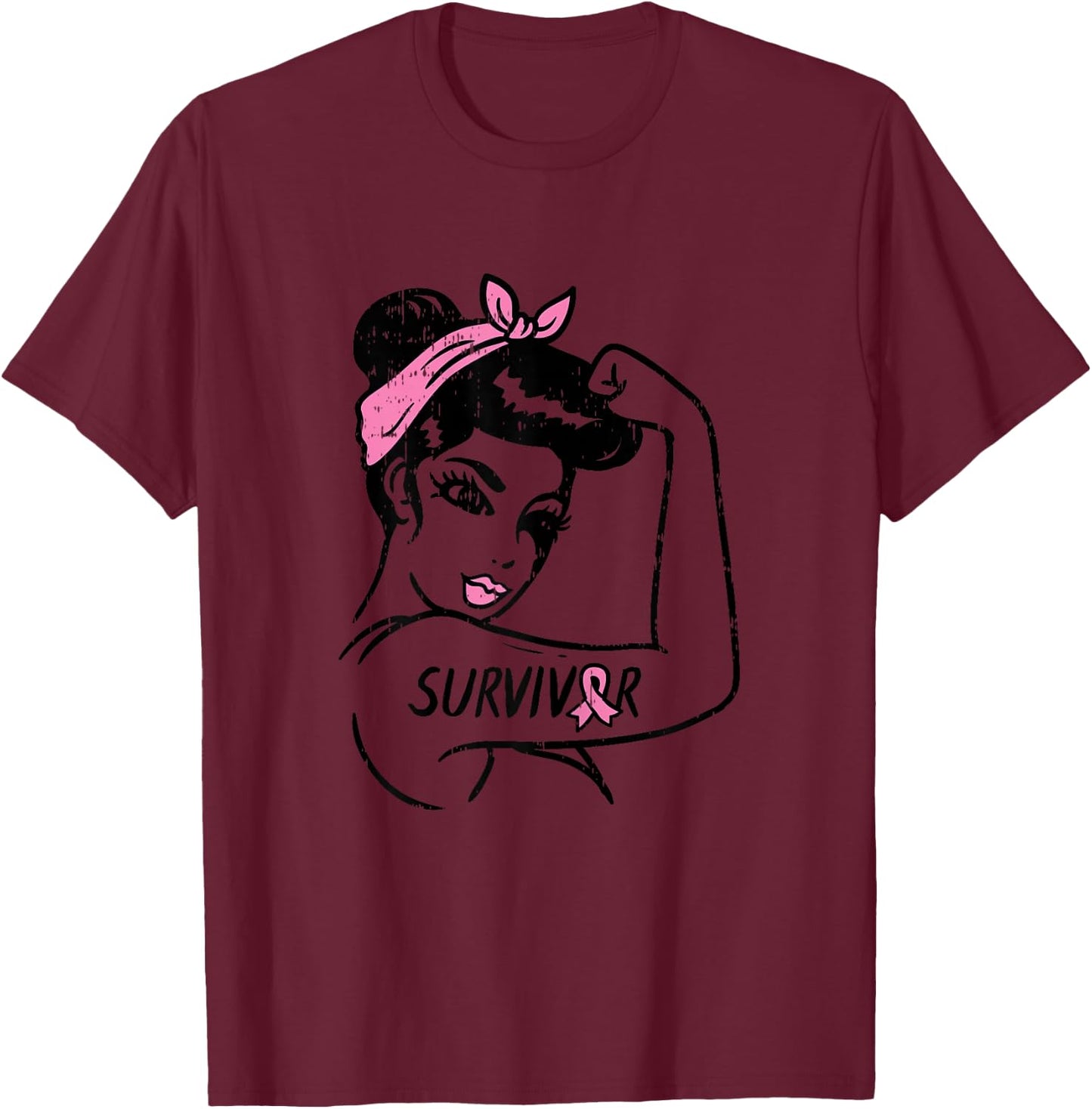 Rosie Riveter Breast Cancer Survivor Ribbon Awareness Women T-Shirt - T-Shirt | Maroon