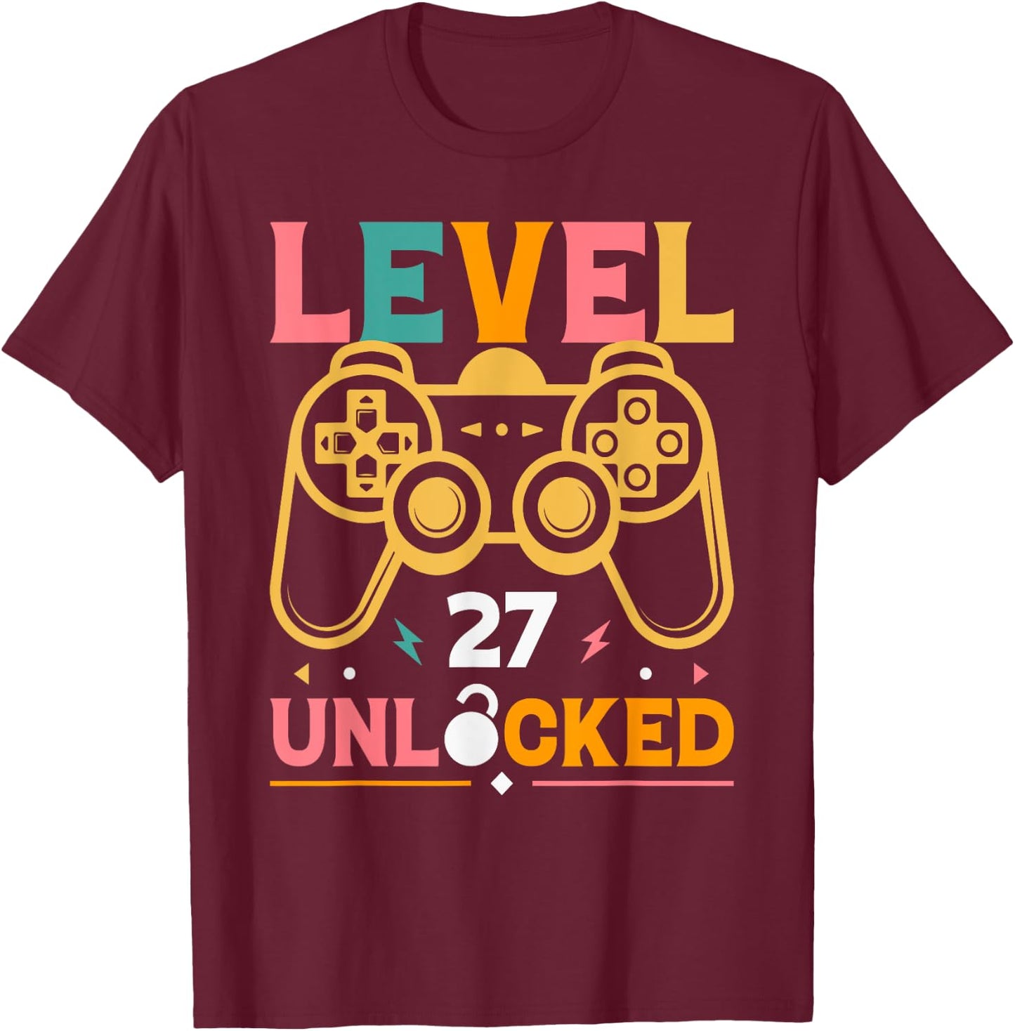 Level 27 Unlocked - 27th Birthday Gamer T-Shirt - T-Shirt | Maroon