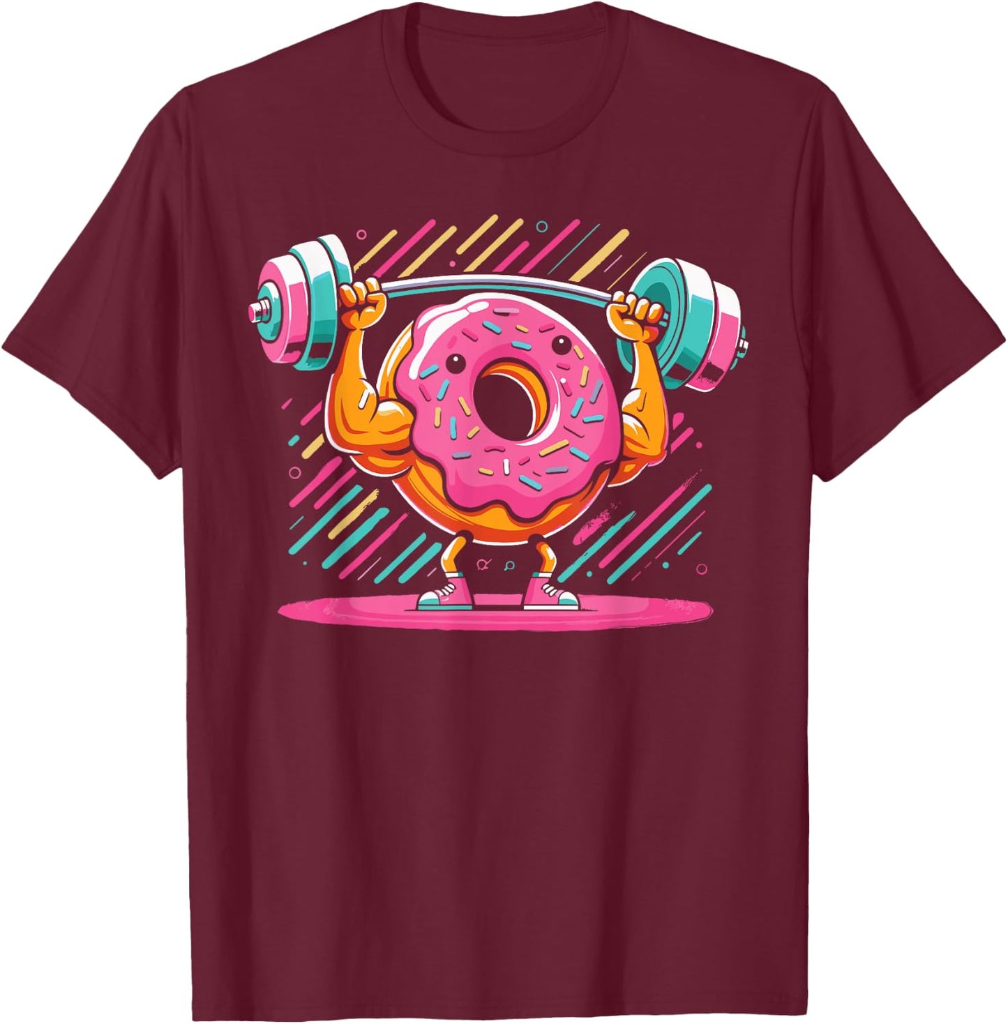 Funny Doughnut Weightlifting | Cartoon Donut Gym Workout T-Shirt - T-Shirt | Maroon