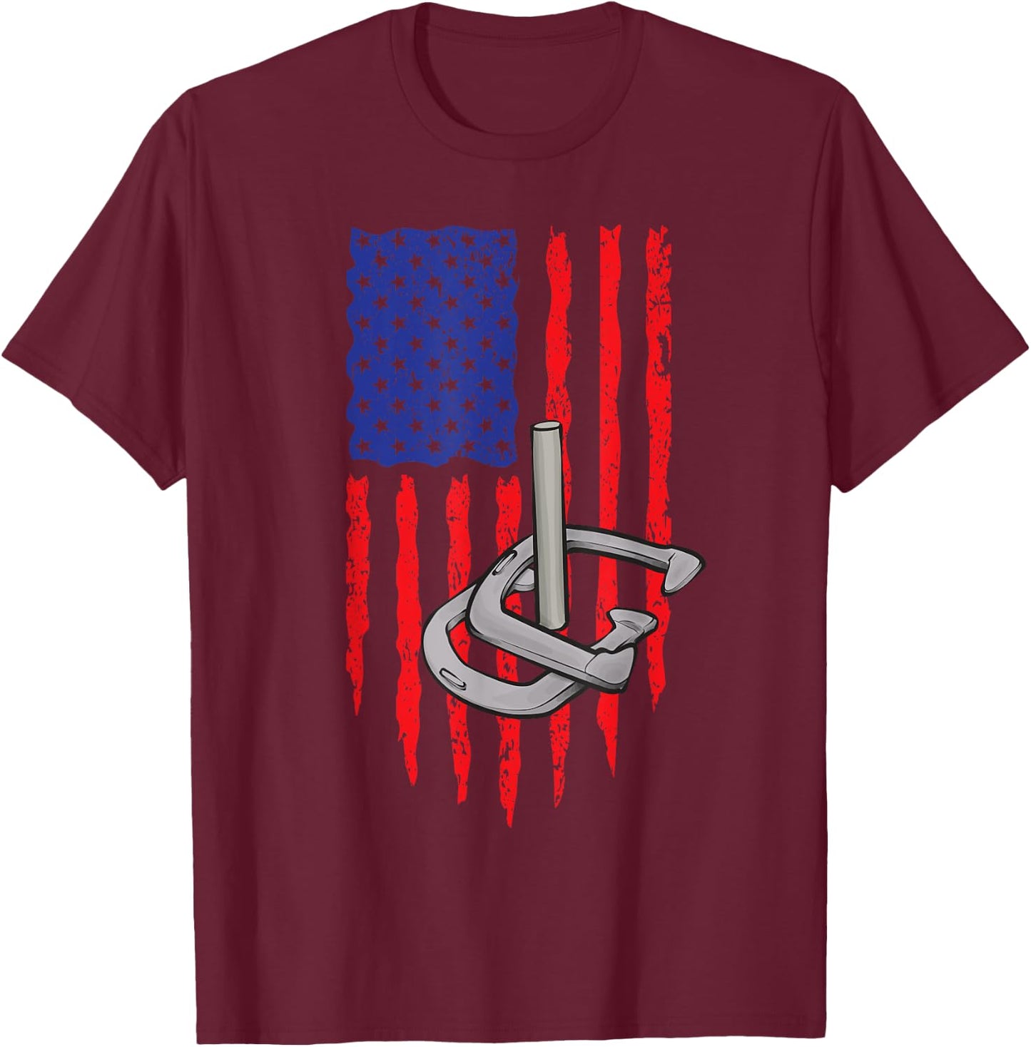 Horseshoe Pitching USA American Flag Horseshoes Game Men T-Shirt - T-Shirt | Maroon