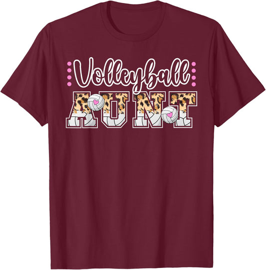 Volleyball Aunt Leopard Aunt Of A Volleyball Player Auntie T-Shirt - T-Shirt | Maroon