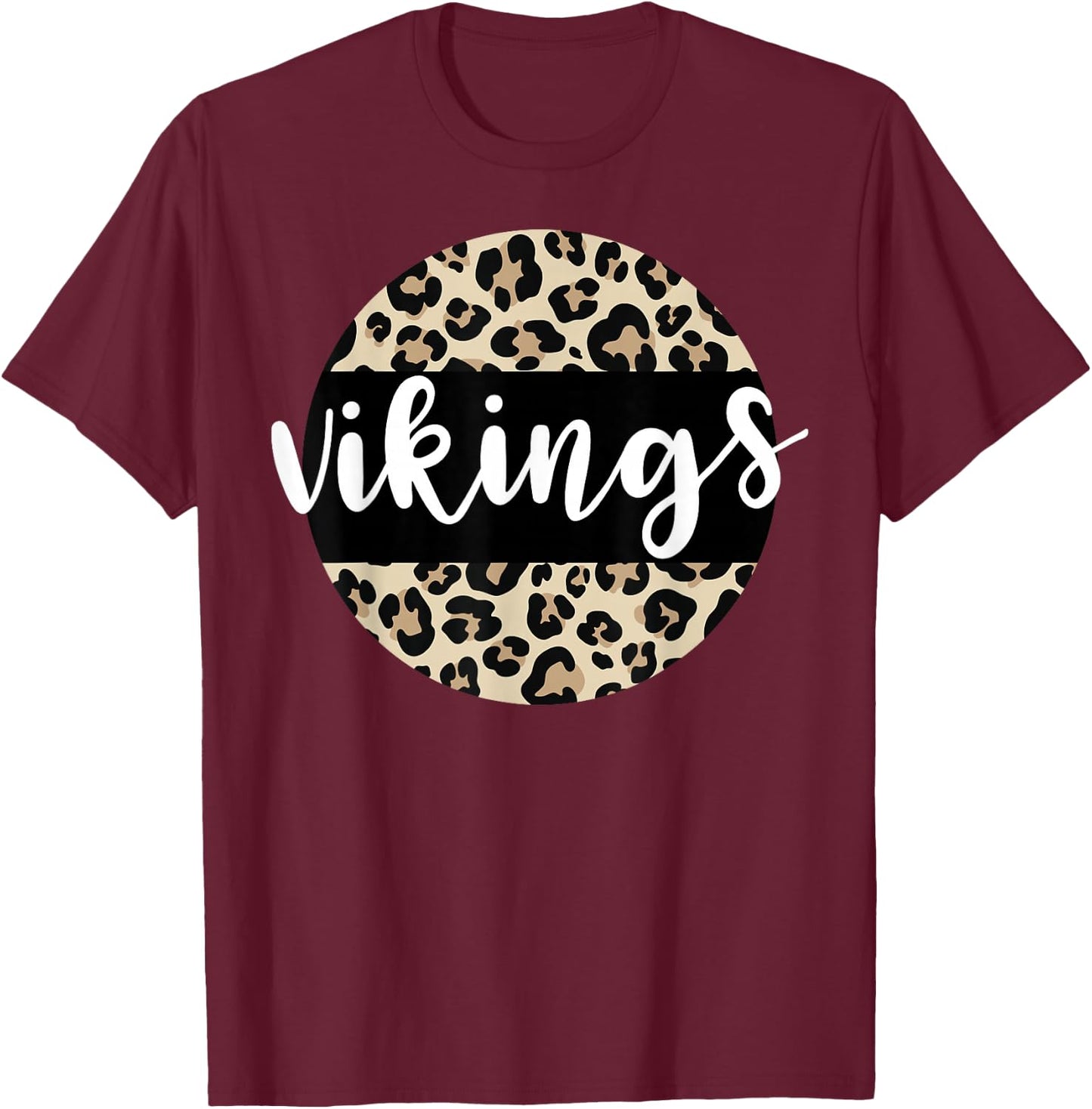 Leopard Print Vikings Team Mascot School Spirit Game Night T-Shirt - T-Shirt | Maroon