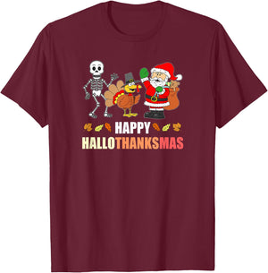 Happy HalloThanksMas Funny Three Holiday T-Shirt - T-Shirt | Maroon