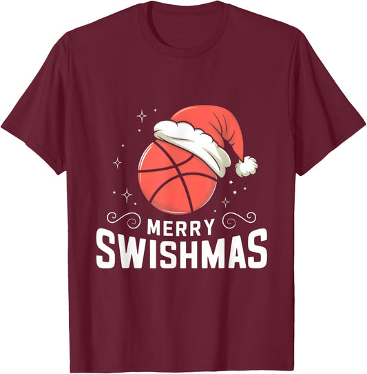 Funny Merry Swishmas Ugly Christmas Basketball Player Xmas T-Shirt - T-Shirt | Maroon