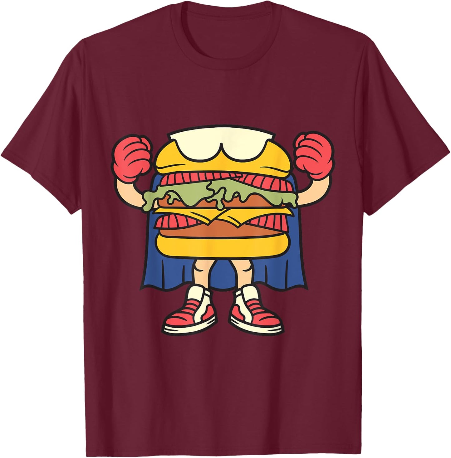 Superhero Hamburger with Boxing Gloves and Cape T-Shirt - T-Shirt | Maroon