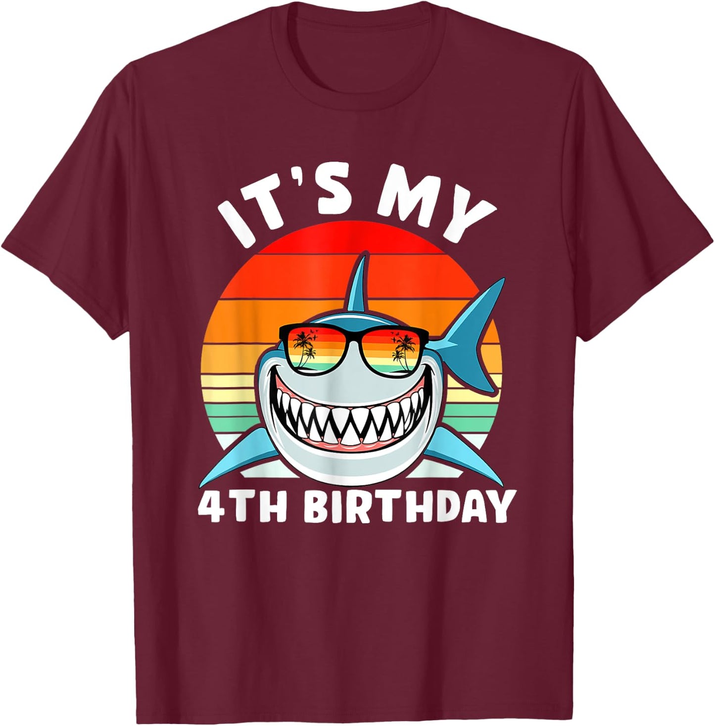 Shark 4 Year Old Shirt 4th Birthday Shark Lover T-Shirt - T-Shirt | Maroon