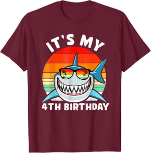 Shark 4 Year Old Shirt 4th Birthday Shark Lover T-Shirt - T-Shirt | Maroon