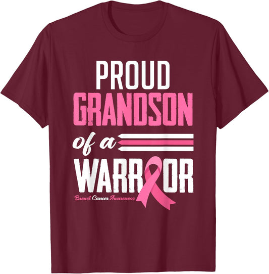 Proud Grandson Of A Warrior Grandma Breast Cancer Awareness T-Shirt - T-Shirt | Maroon