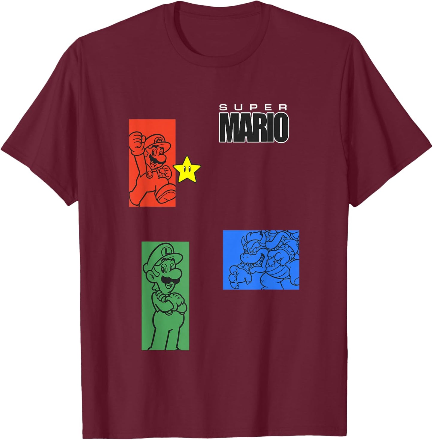 Super Mario Luigi & Bowser Color Trio Panels T-Shirt - T-Shirt | Maroon
