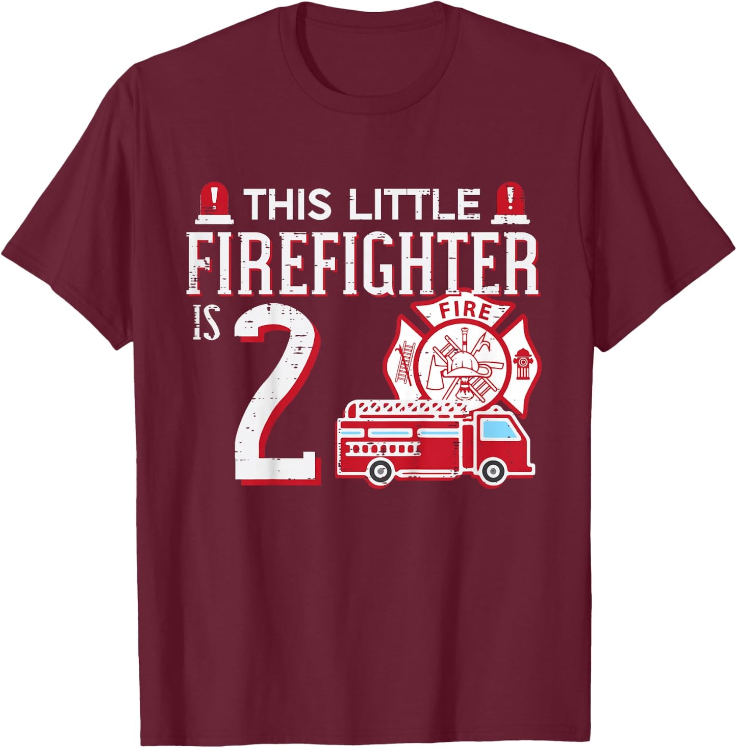 Kids 2nd Birthday This Little Firefighter Is 2 Fireman Boys Kids T-Shirt - T-Shirt | Maroon