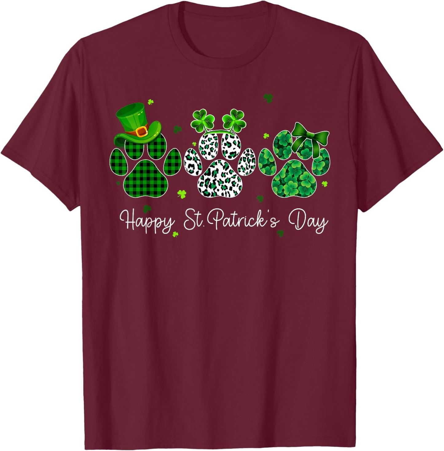 Clover Paws Print Dog Owner Lover St. Patricks Day Shamrock Men Women T-Shirt - T-Shirt | Maroon