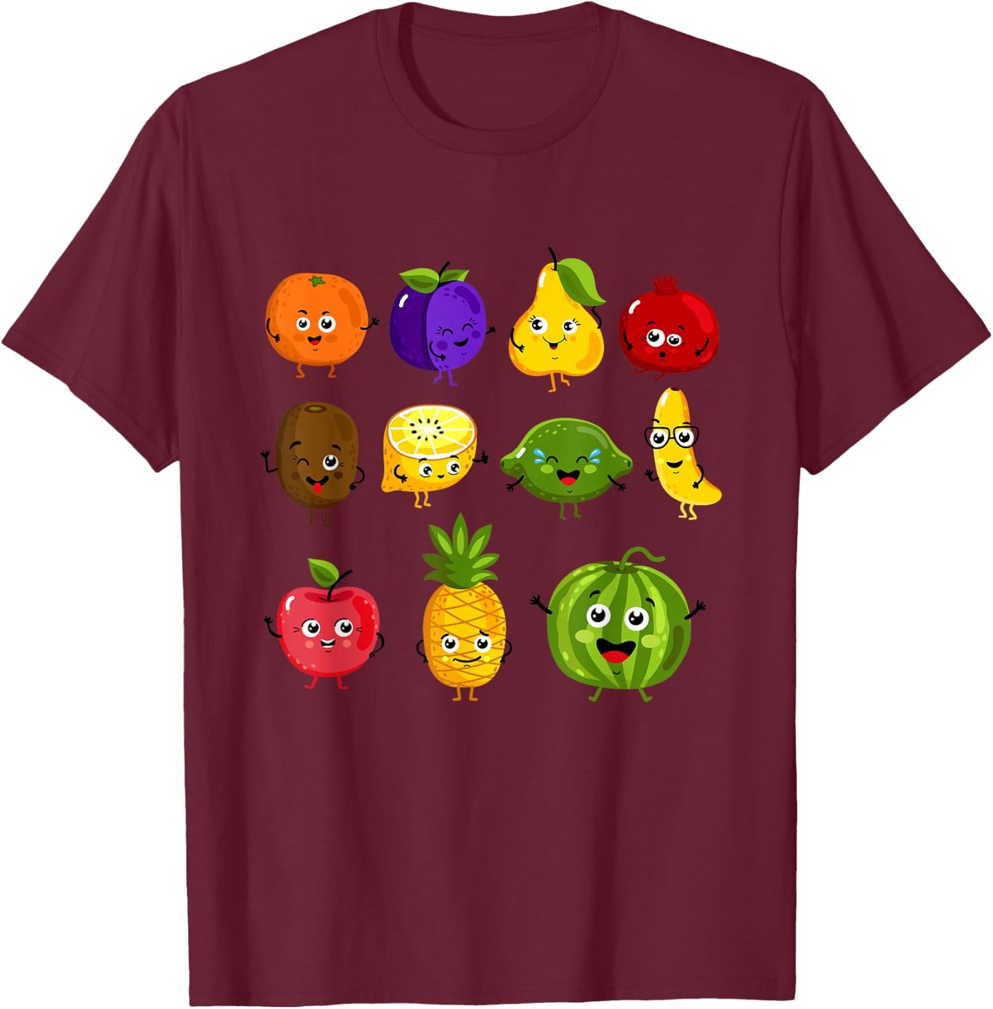 Funny Fruits Collage Fruit and Vegetables T-Shirt - T-Shirt | Maroon