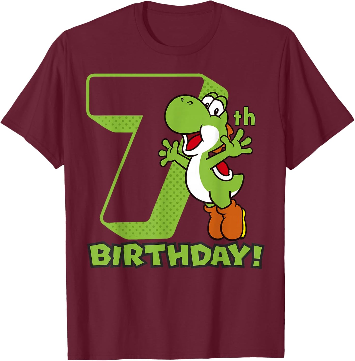 Super Mario Yoshi 7th Birthday Action Portrait T-Shirt - T-Shirt | Maroon