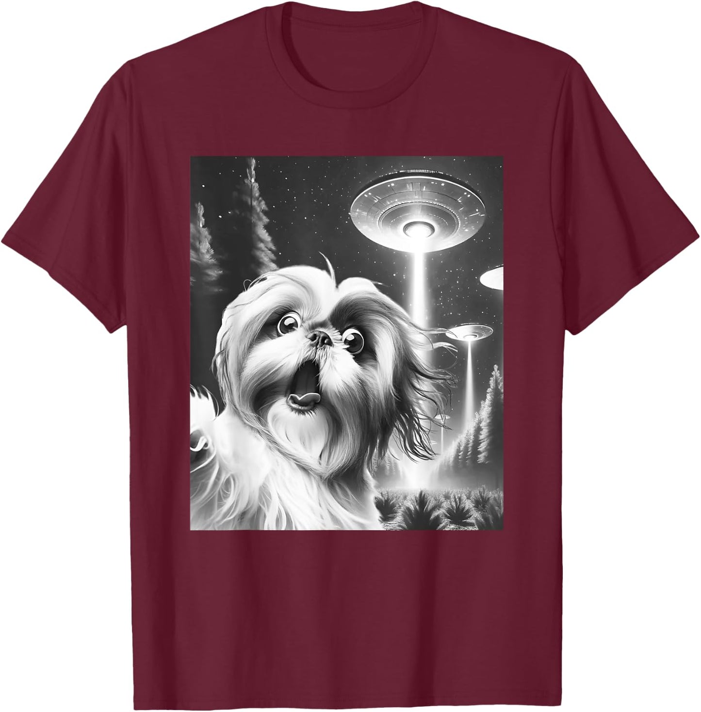Funny Shih Tzu Alien UFO Taking a Selfie Dog Mom Dad Men Women Girls Kids T-Shirt - T-Shirt | Maroon