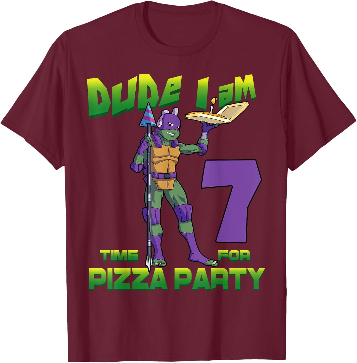 Mademark x Teenage Mutant Ninja Turtles - Dude I am 7 Years Old Donnie Pizza Birthday Party T-Shirt - T-Shirt | Maroon