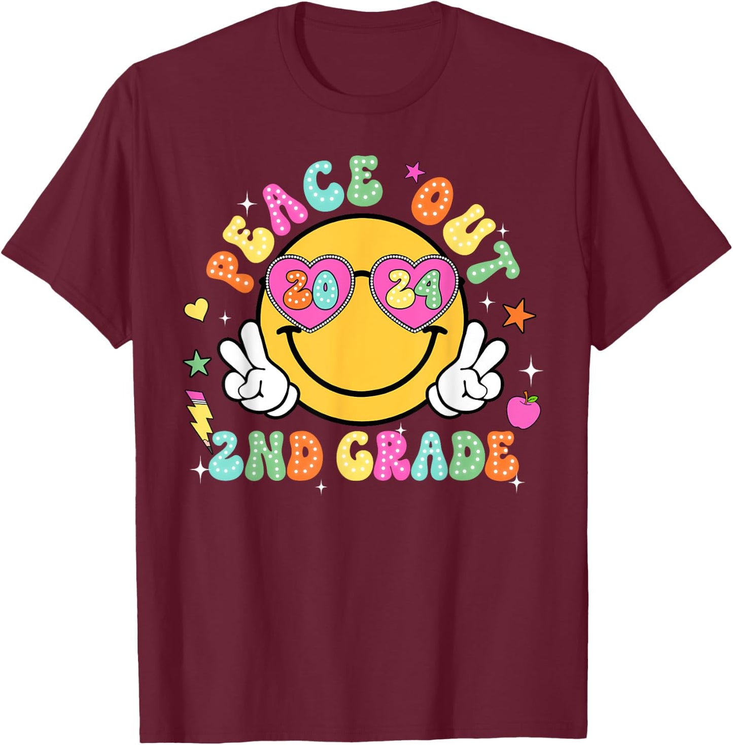 Peace Out Second Grade Cute Groovy Last Day of 2nd Grade T-Shirt - T-Shirt | Maroon