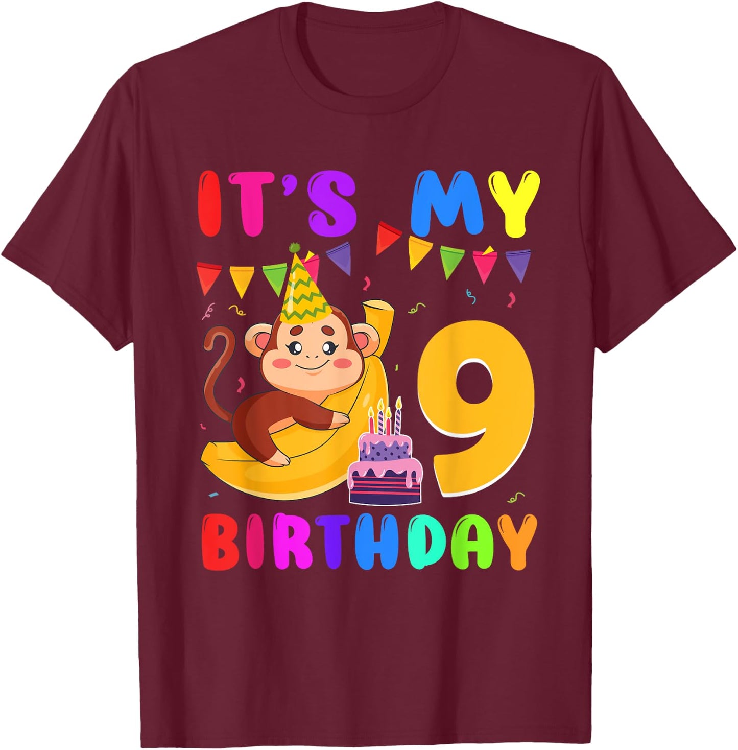 It's My 9th Birthday Monkey 9 Year Old Party Boys Girls Kids T-Shirt - T-Shirt | Maroon