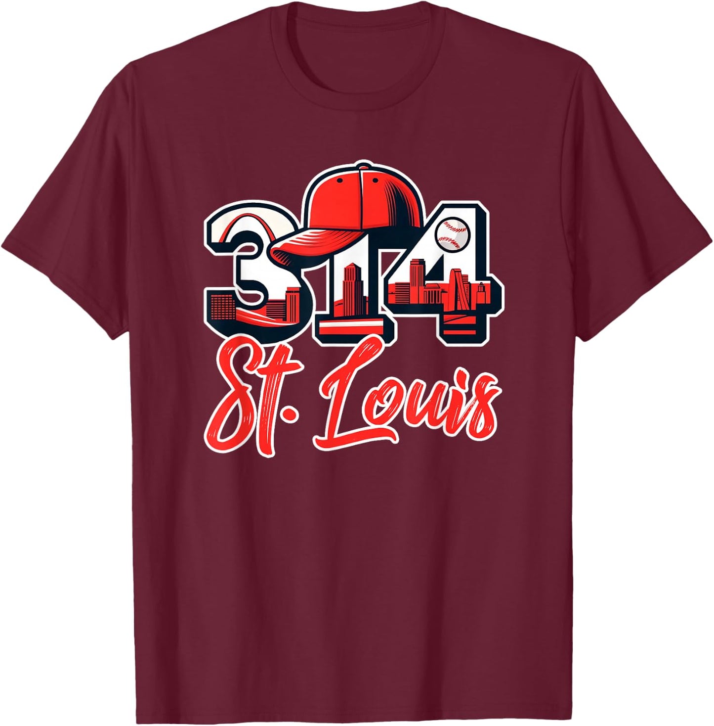 St. Louis 314 Skyline With STL Arch Hometown T-Shirt - T-Shirt | Maroon