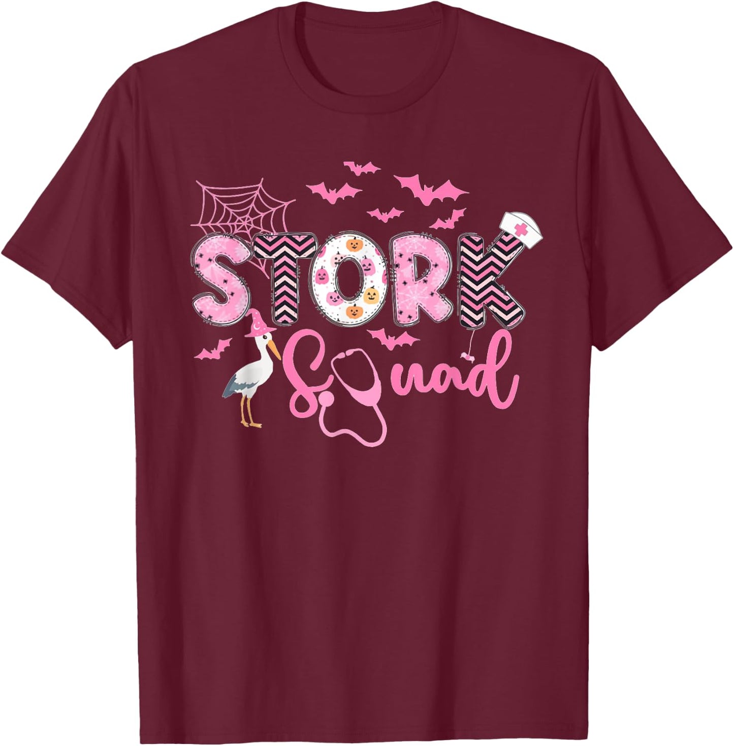 Women Stork Squad Halloween Labor and Delivery Nurse T-Shirt - T-Shirt | Maroon