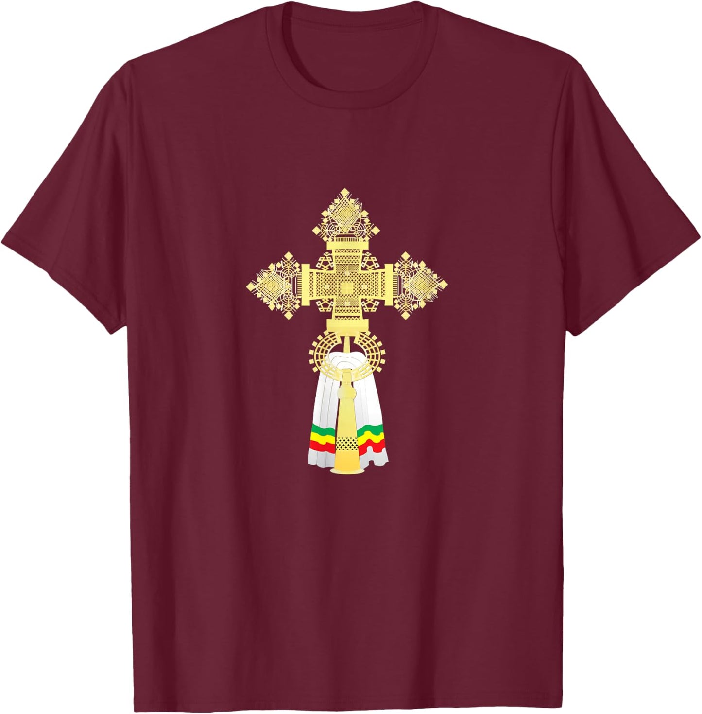 Delight Decor App Ethiopian Orthodox Cross - Black, , Small, Short Sleeve, Modern Classic, Cross Pattern, Decor Theme, -Adult, Classic Lifestyle T-Shirt - T-Shirt | Maroon