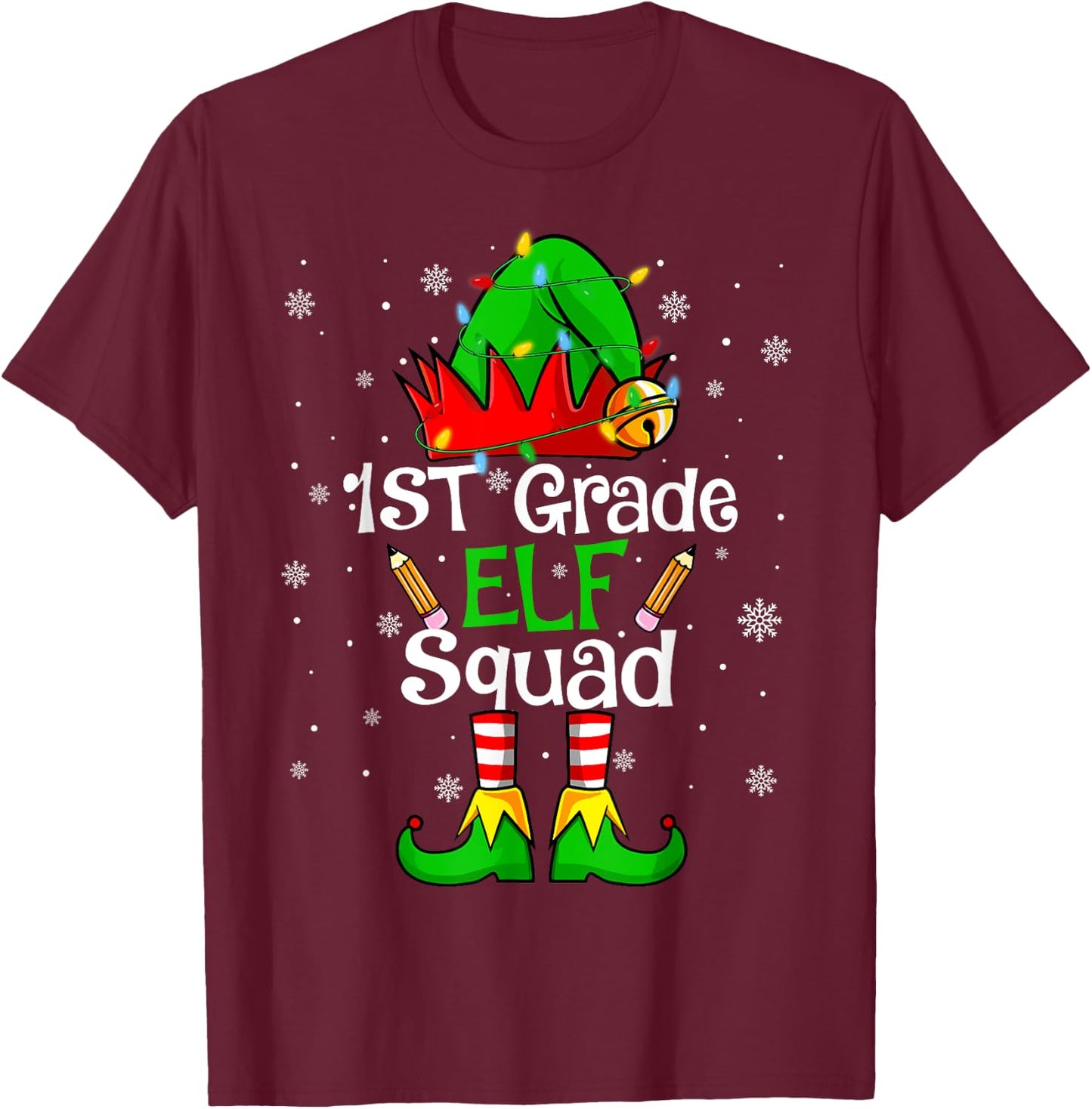 Christmas 1st Grade Elf Squad First Grade Teacher Student T-Shirt - T-Shirt | Maroon