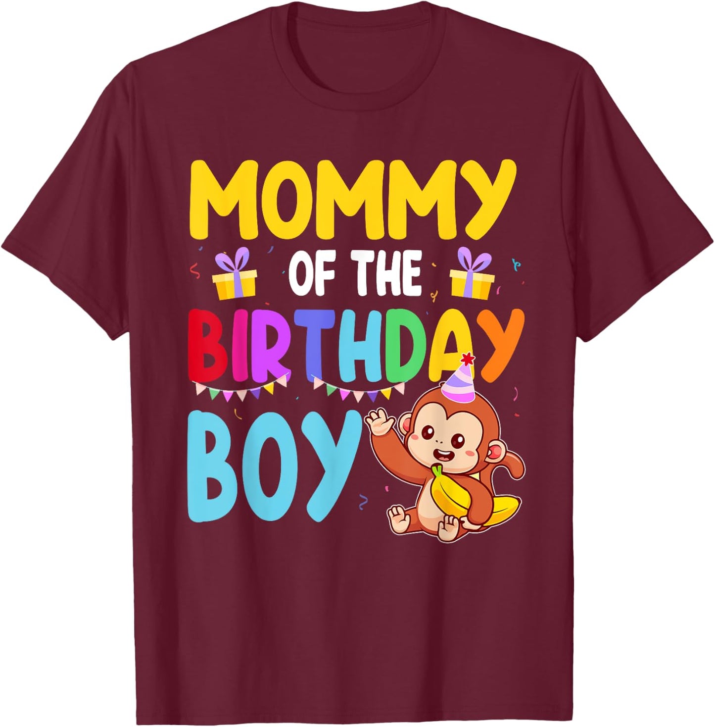 Mommy Of The Birthday Boy Monkey Family Matching T-Shirt - T-Shirt | Maroon
