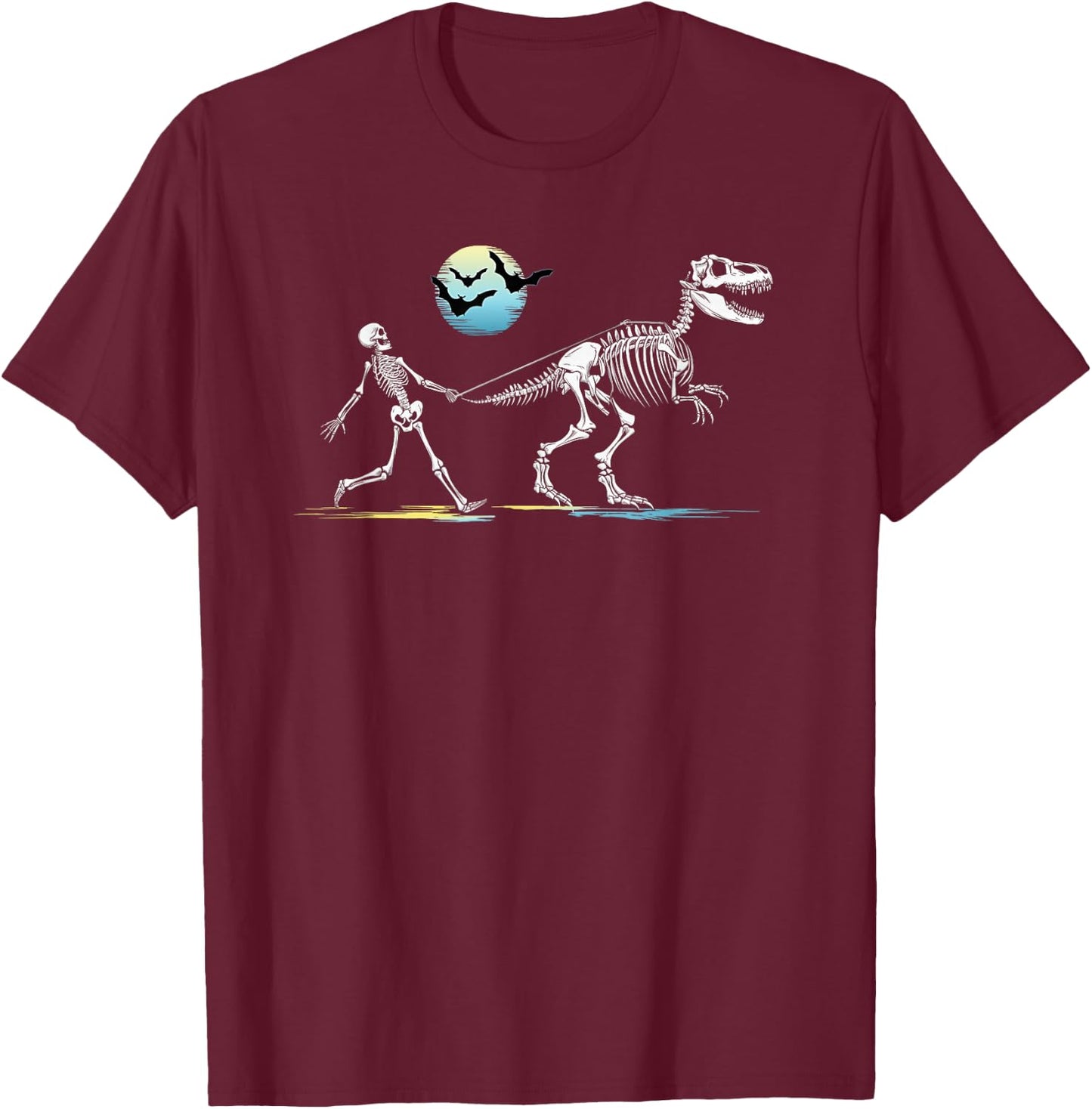 Skeleton Walking a T-Rex Dinosaur Boys Girls Funny Halloween T-Shirt - T-Shirt | Maroon