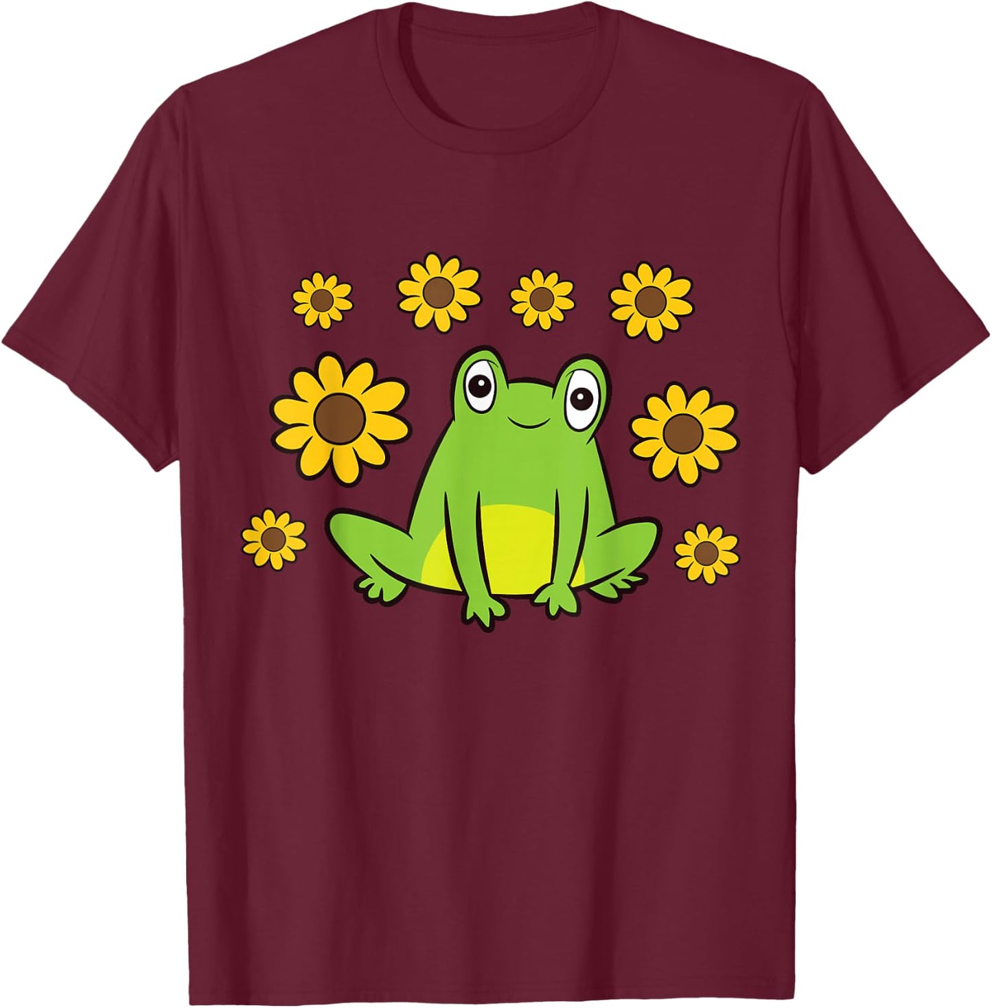Cute Frog Summer Sunflower Kawaii Frog T-Shirt - T-Shirt | Maroon