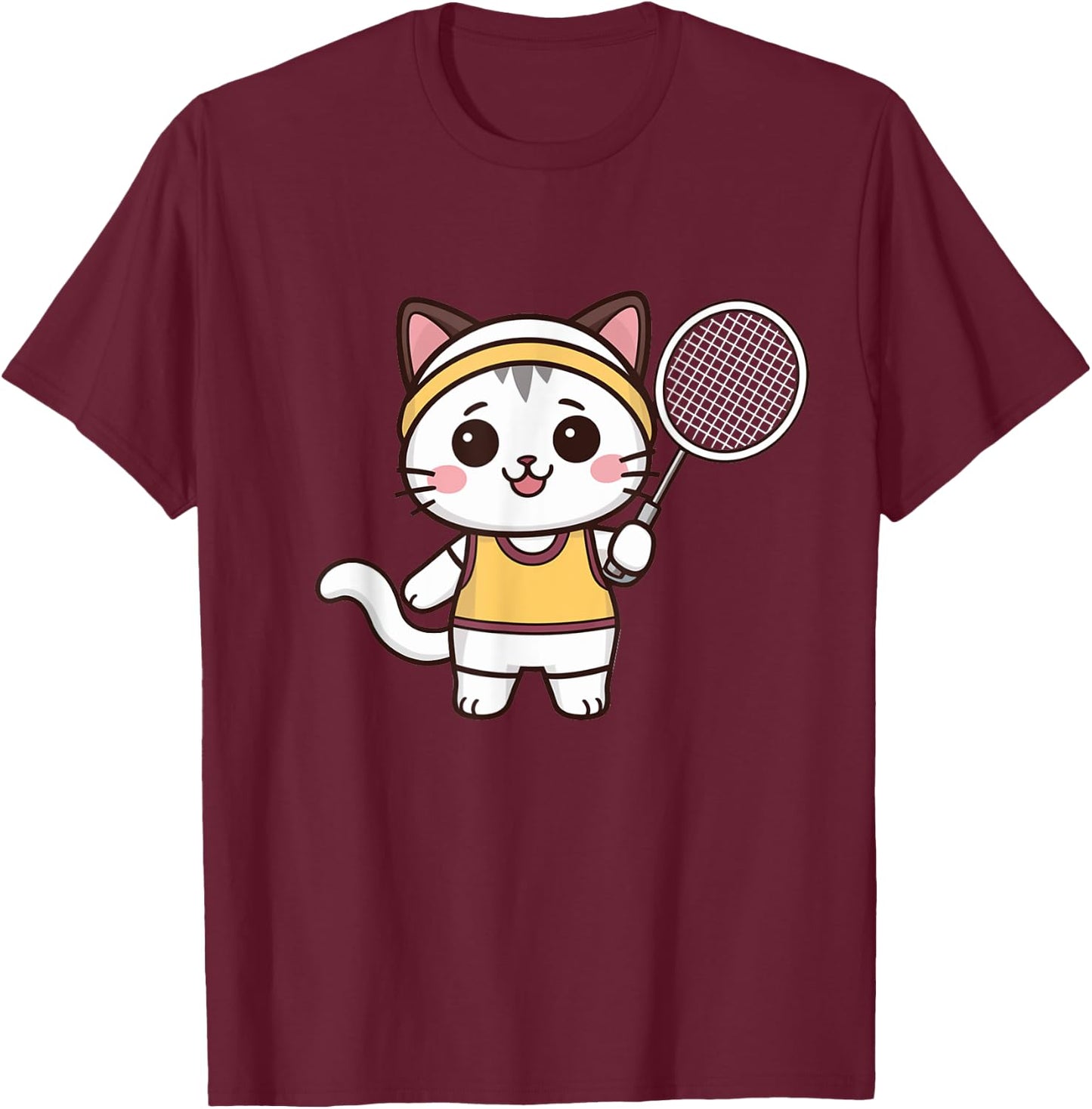 Badminton Funny Cat Women Girls Badminton Player Kawaii T-Shirt - T-Shirt | Maroon