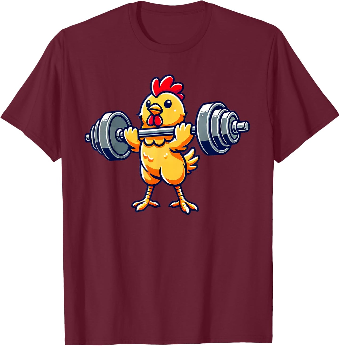 Chicken Powerlifting Gym Workout - Black, -Adults/Kids, Short Sleeve, Cotton 65% Polyester 35%, Humorous Chicken Design T-Shirt - T-Shirt | Maroon