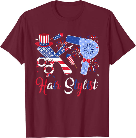 Hair Stylist Costume Tools As American Flag 4th July Women Men T-Shirt - T-Shirt | Maroon